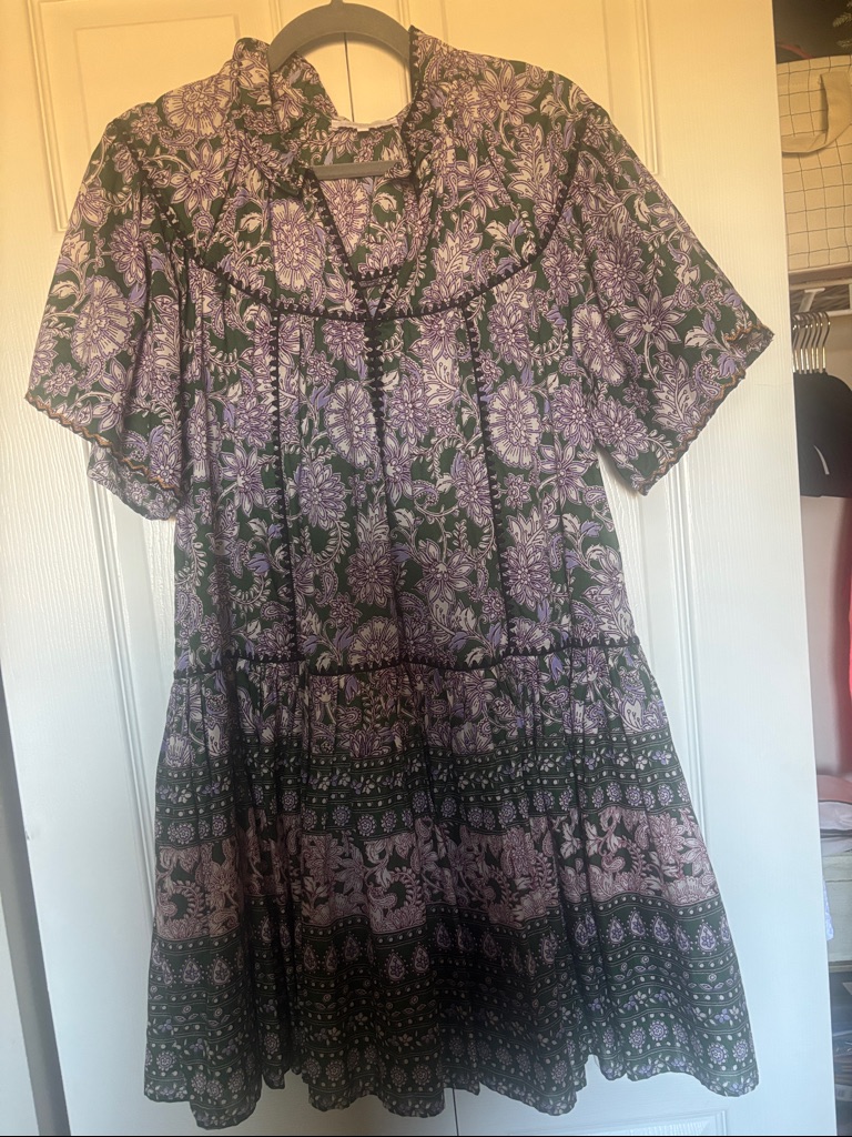 Olivaceous Lavender Floral Tiered Mini Dress On Dark Green